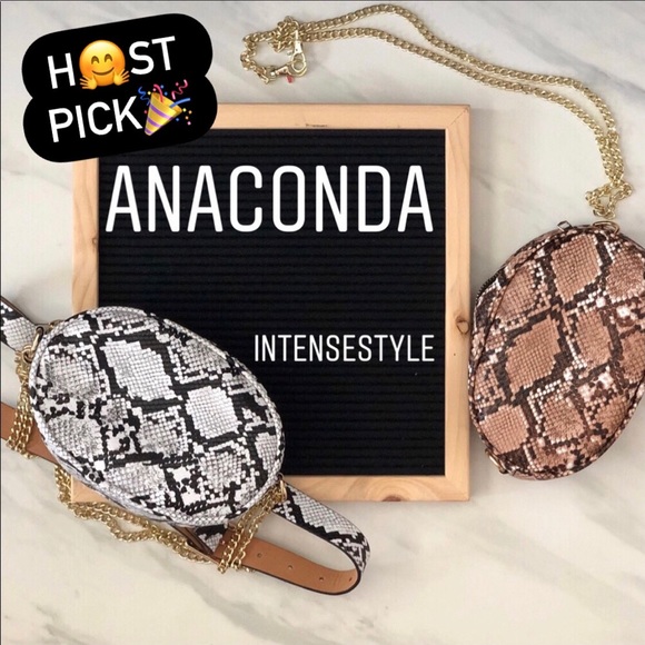 Snake skin patterned Oval-shaped waist bag w/chain - Picture 1 of 7